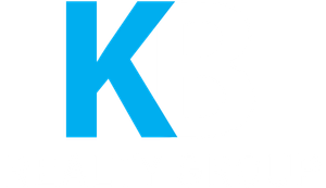Blue letter "K" on a white background.