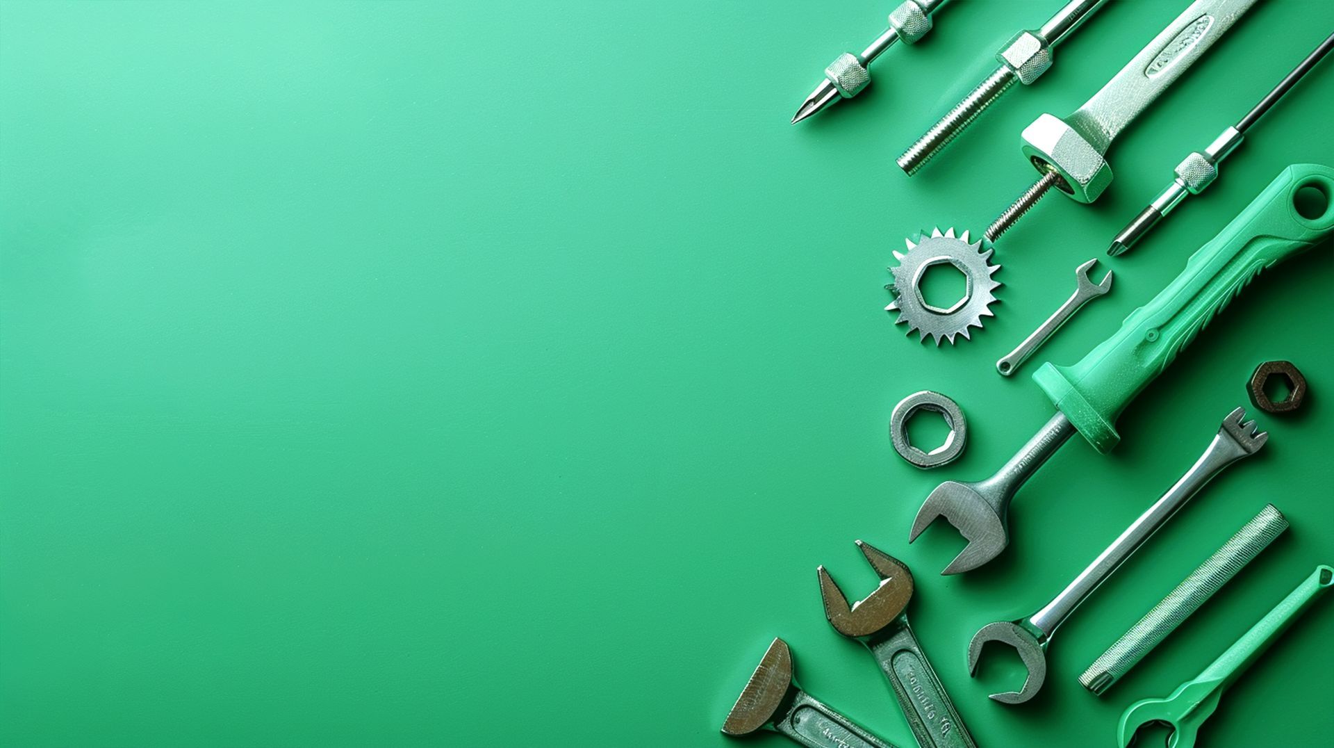 A bunch of tools are lined up on a green background.