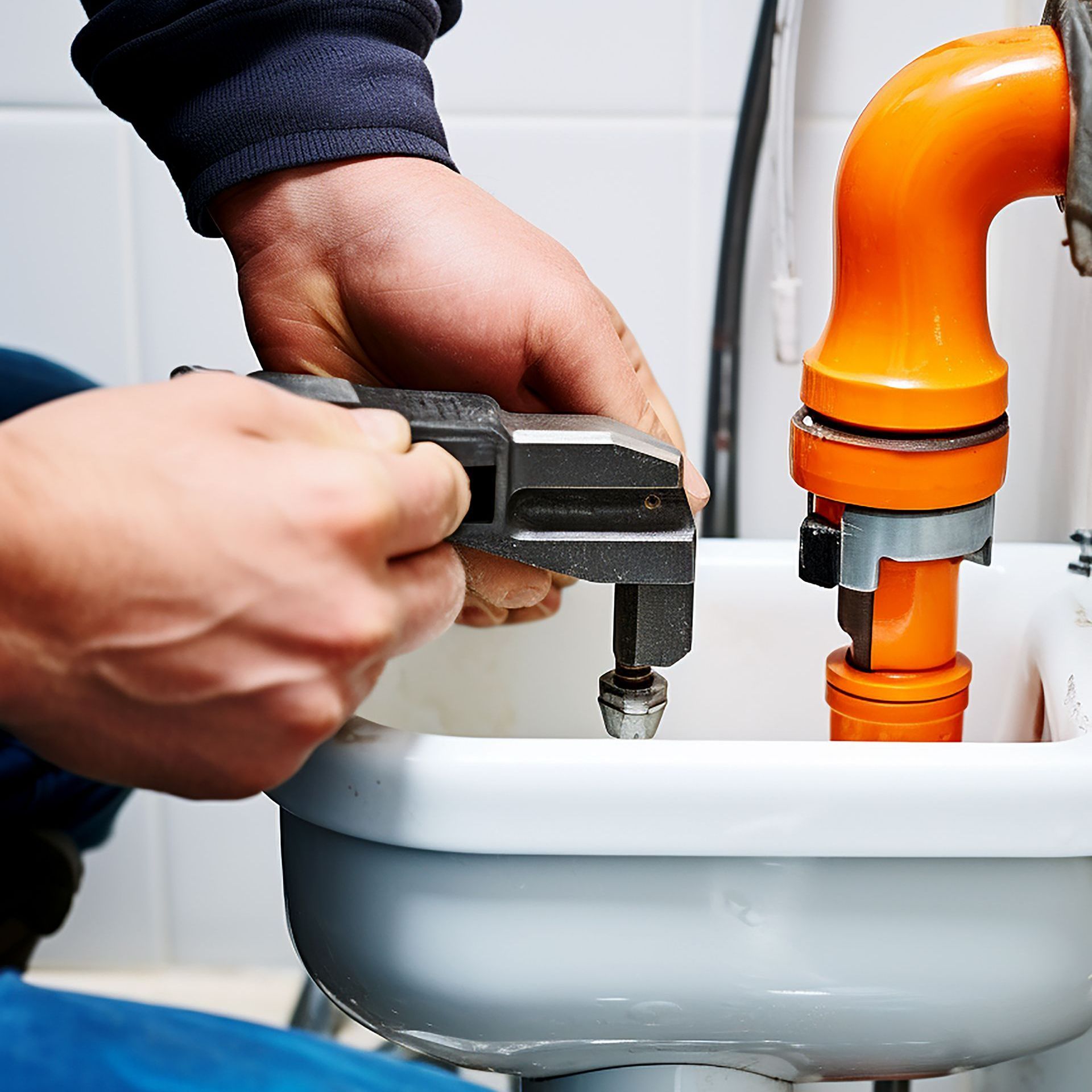 A man is fixing a sink with a wrench.