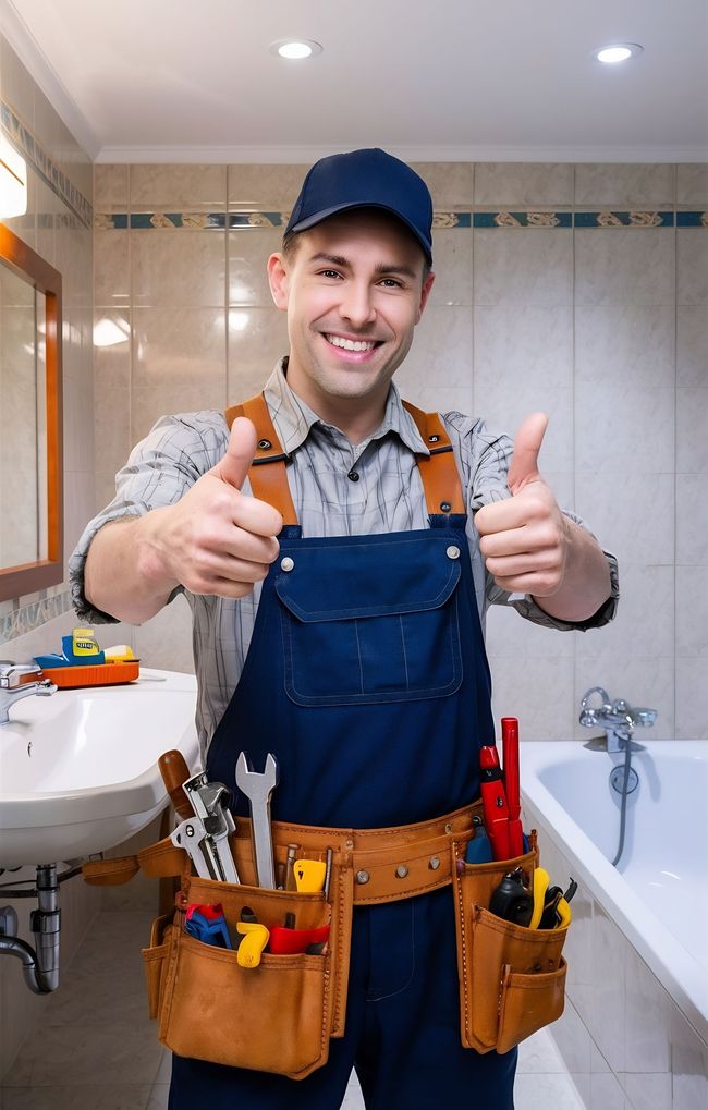 A plumber is giving a thumbs up in a bathroom.