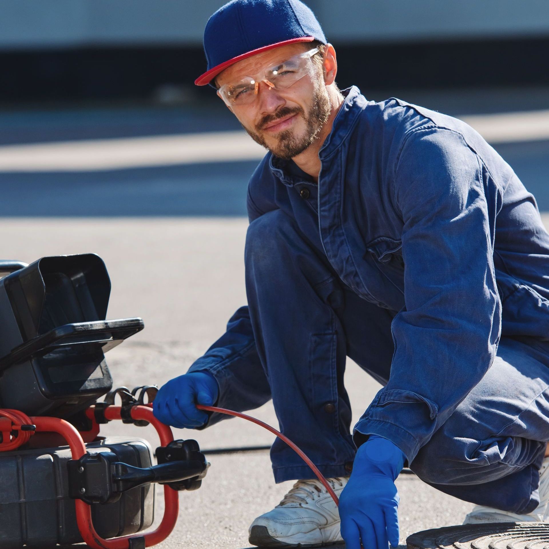 A man is kneeling down next to a manhole cover with a camera attached to it.