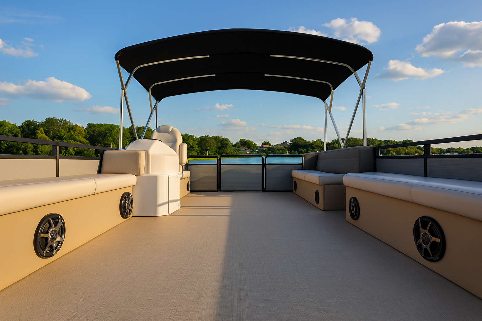Pontoon boat interior with beige and gray seating, black canopy, speakers. Blue sky in the background.