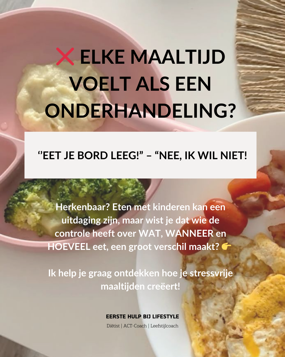 Pink plate with food, text about children's eating habits, 