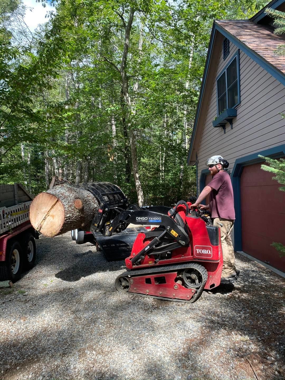 Man operating red mini-skid steer moves a large log onto a trailer. House in the background.
