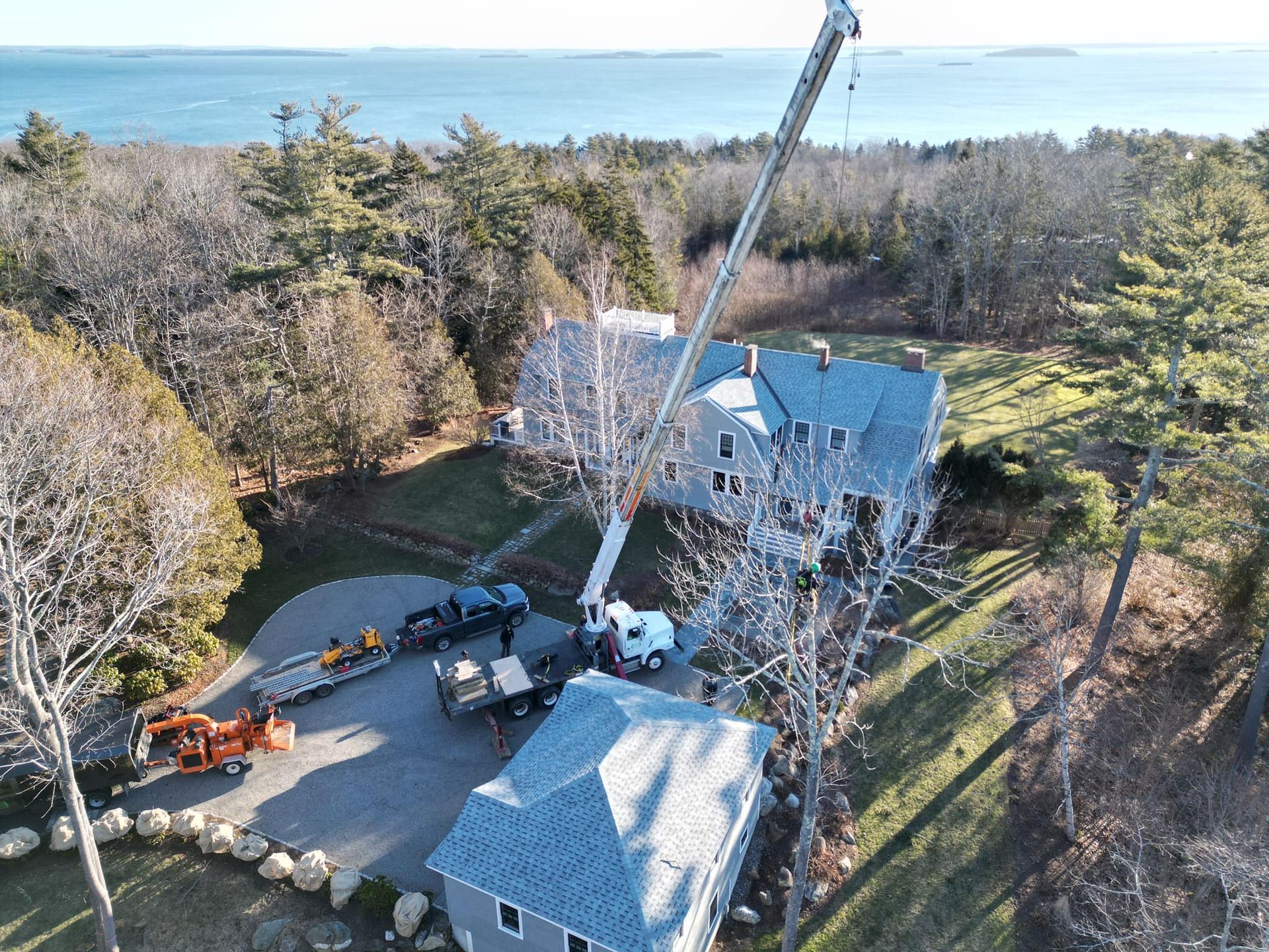 Crane removing tree near a house with a water view, with additional trucks on the property.