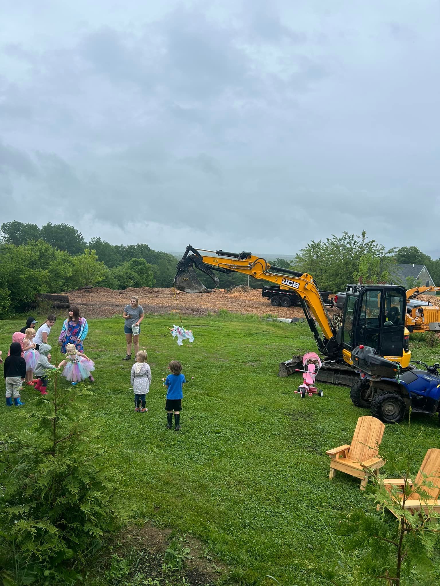 Children watch an excavator on a green field, clearing a wooded area. Cloudy sky.