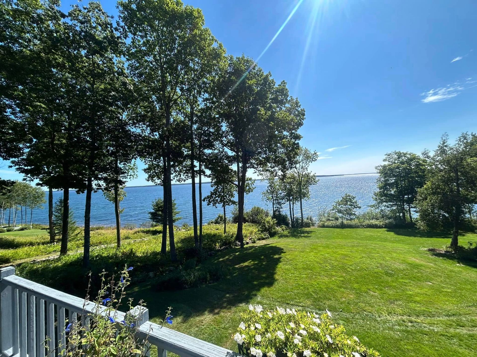 Lush green lawn, trees, and a blue ocean under a bright sunny sky.