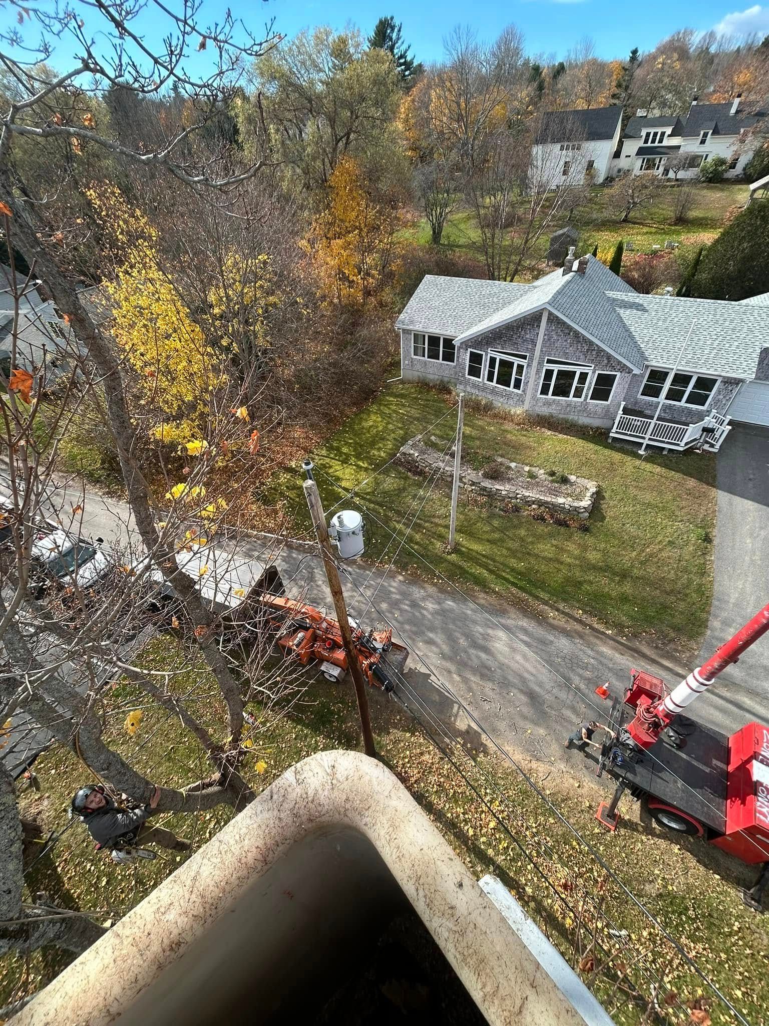 Overhead view of a road, houses, and trees in autumn colors; a bucket lift in foreground.