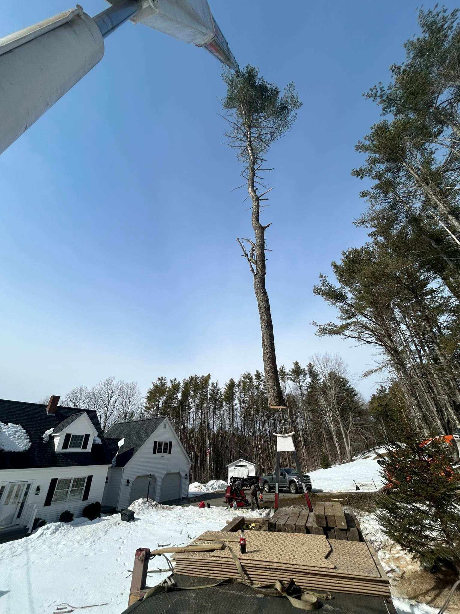 A tall tree is being trimmed by a crane near a house with snow on the ground.