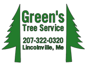 Green's Tree Service logo with green text and pine trees. Phone number and Lincolnville, ME address included.