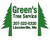 Logo for Green's Tree Service: green text and trees, with phone number and Lincolnville, ME location.