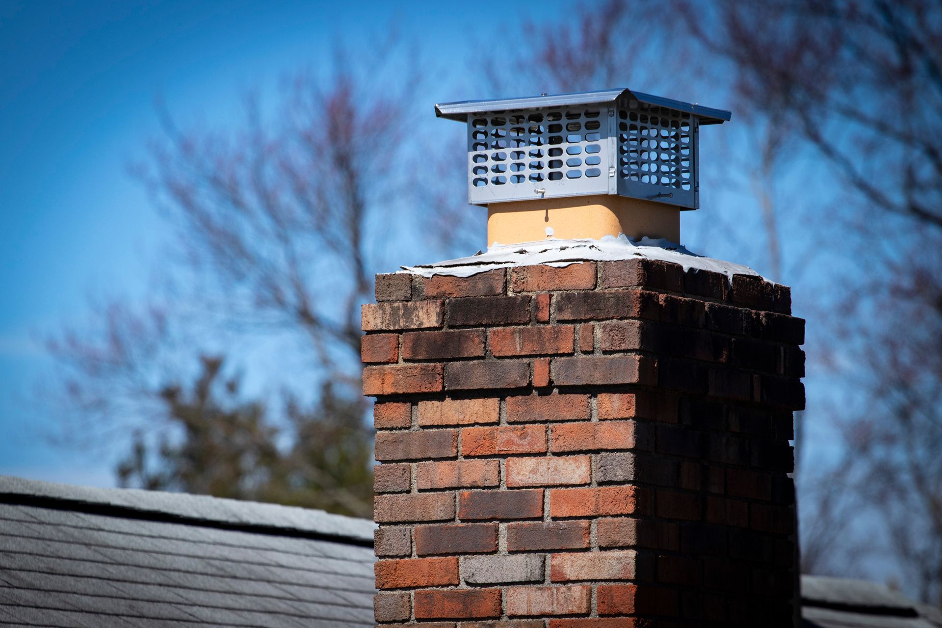 A brick chimney on top of a roof with trees in the background.