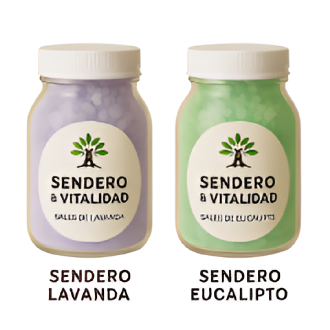 Dos frascos de sales de baño, uno de lavanda y otro de eucalipto, etiquetados "Sendero & Vitalidad".