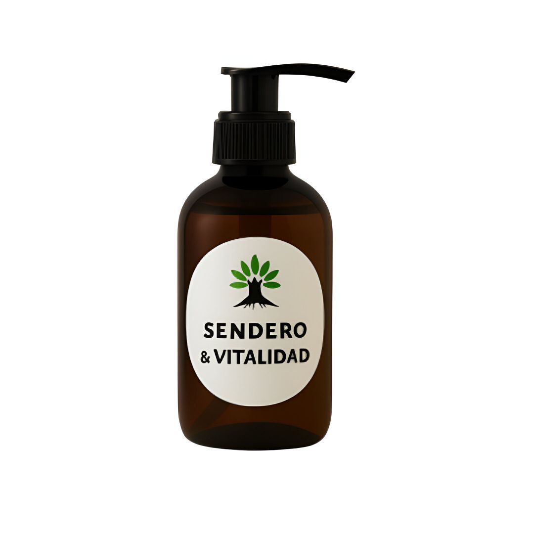 Botella ámbar con dosificador negro, etiqueta blanca con texto “SENDERO & VITALIDAD” y logo del árbol.