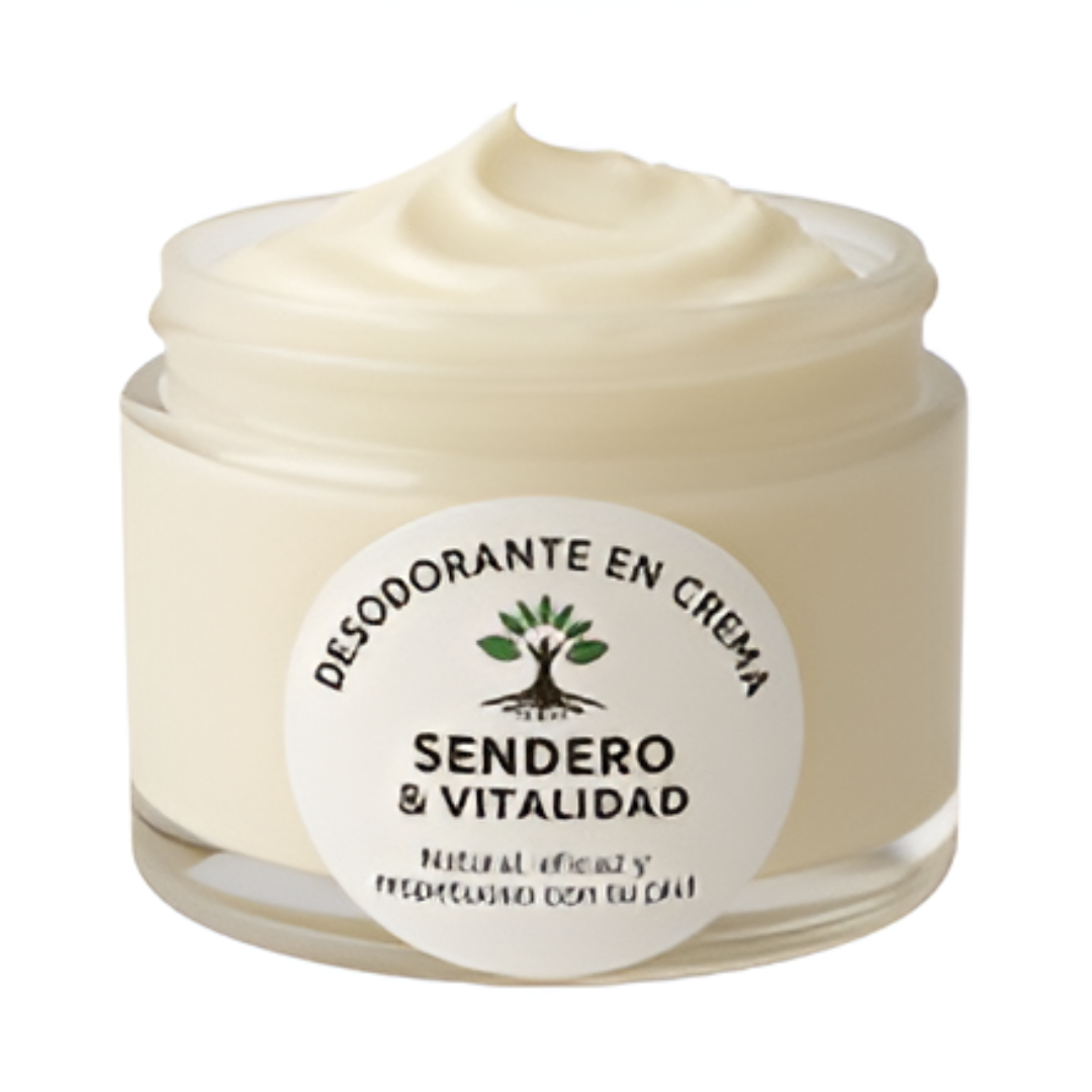 Desodorante en crema en frasco de vidrio transparente con etiqueta blanca que dice "SENDERO & VITALIDAD".