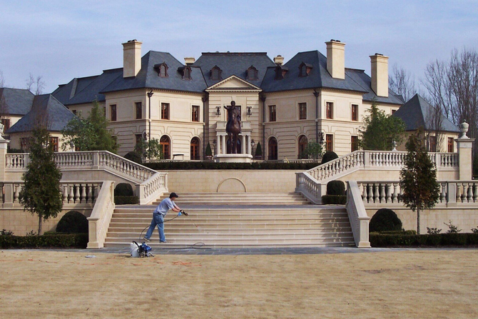 Man playing with a dog on lawn in front of a large, ornate mansion with stone steps.
