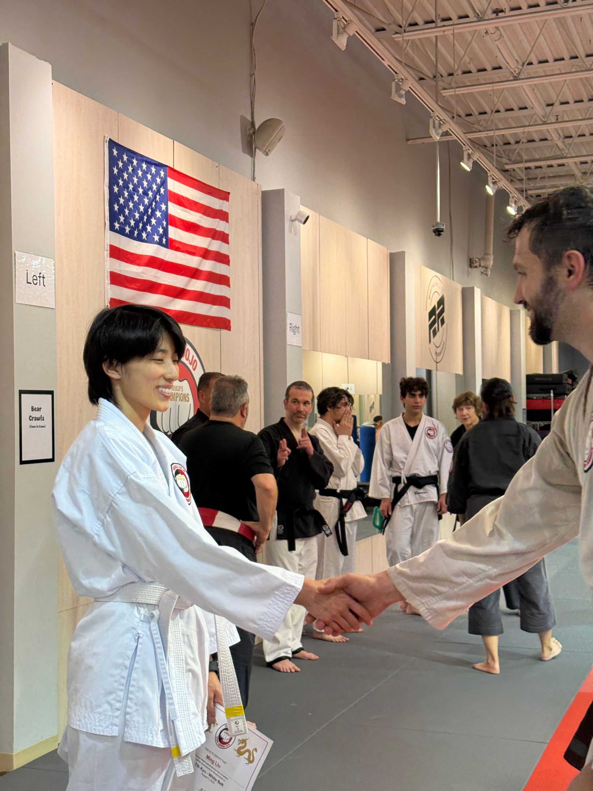 People practicing jiu-jitsu on mats, wearing gis in blue, black, and gray. Active grappling, gym setting.