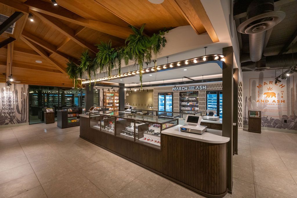 Interior of a dispensary with a wooden slatted counter, glass display cases, and hanging plants under a wood-beamed ceiling.