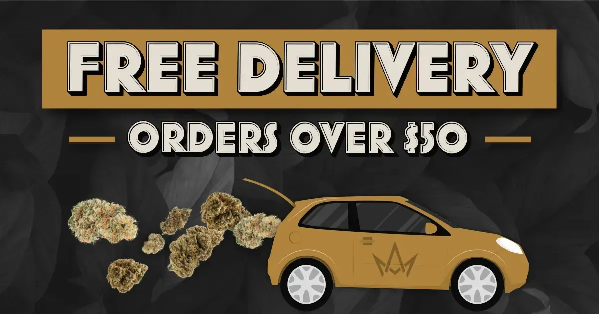 Free delivery for orders over $50, gold car delivering nuggets.