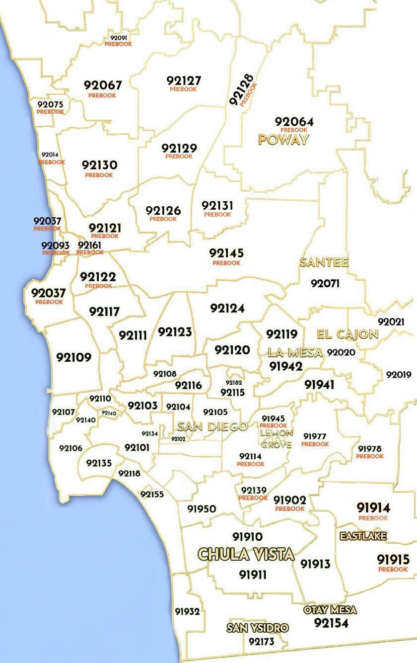 Map of San Diego County zip codes.