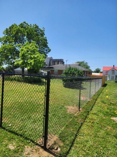 A chain link fence surrounds a lush green yard with a house in the background.
