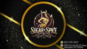 Business card for Sugar 'n Spice Gentlemen's Club. Features logo of a silhouette female with horns.