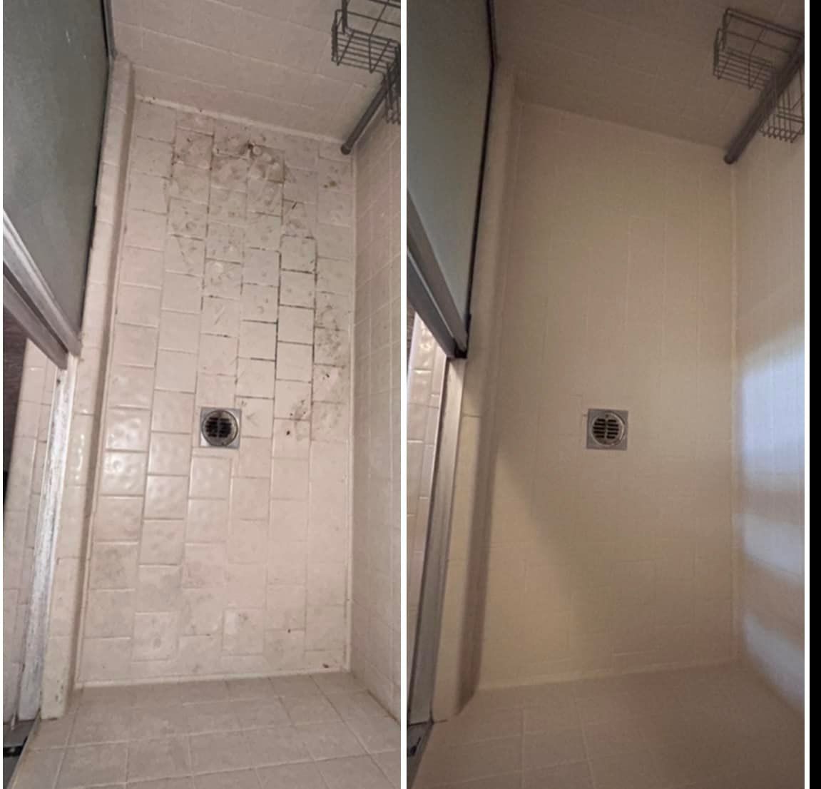 A before and after picture of a bathroom shower.