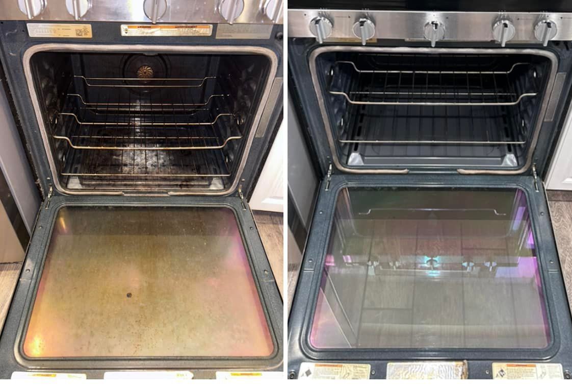 A before and after picture of a dirty oven and a clean oven.