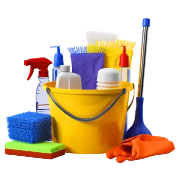 A yellow bucket filled with cleaning supplies on a white background