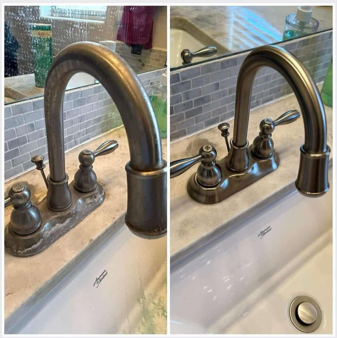 A before and after photo of a bathroom sink faucet.