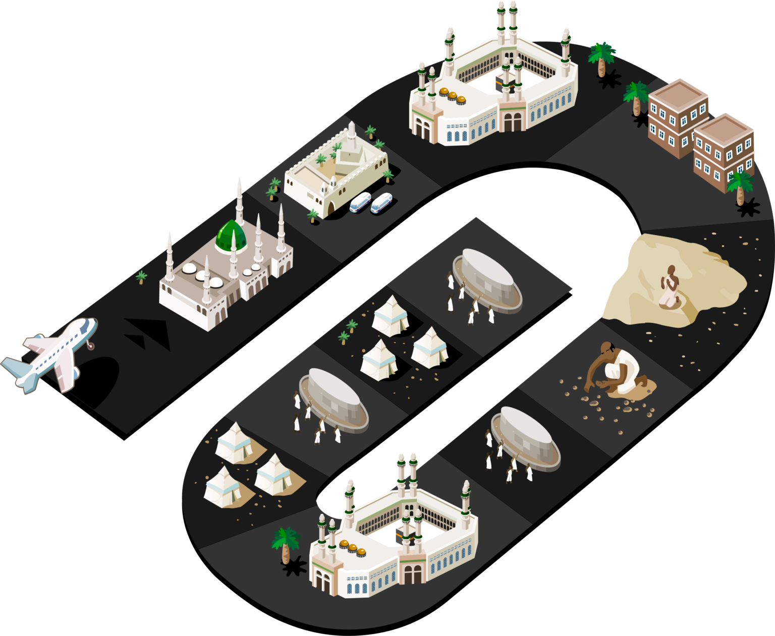 Un dessin isométrique d'une ville avec des bâtiments et un avion