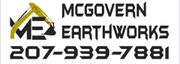Logo for McGovern Earthworks, featuring a yellow excavator and phone number.