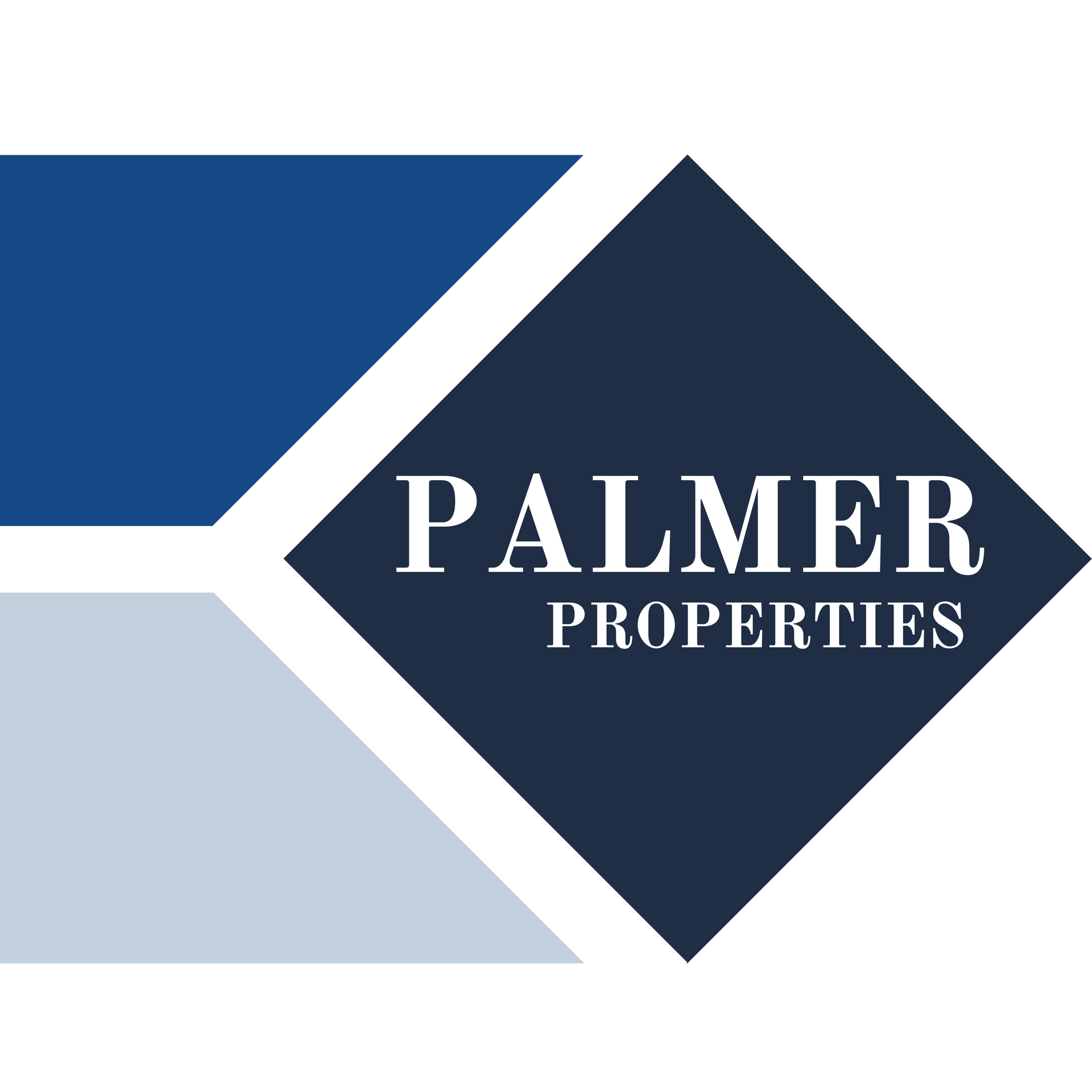 A palmer properties logo that is blue and white
