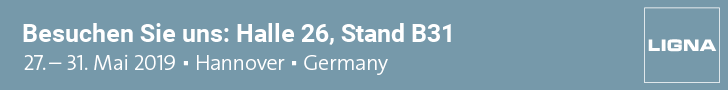 A blue sign that says besuchen sie uns halle 26 stand b31