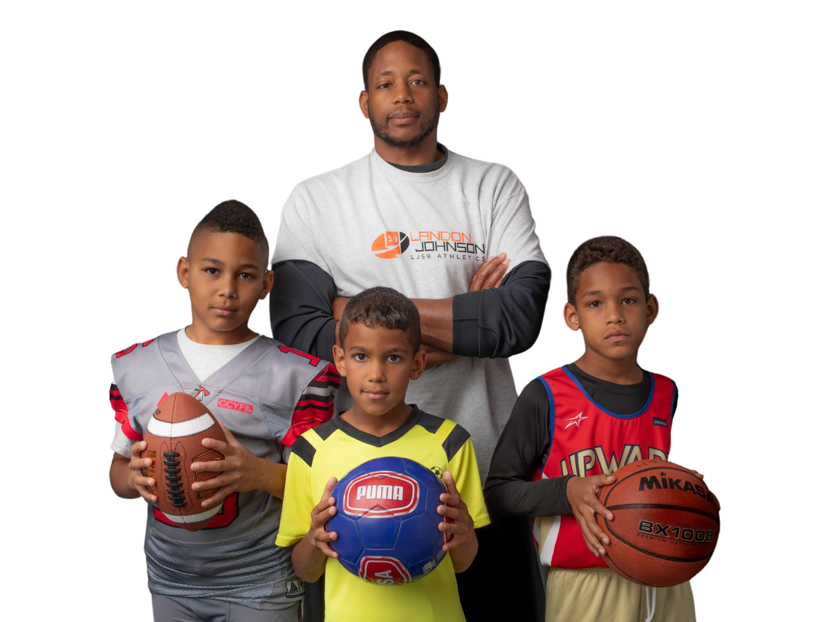 Coach Landon Johnson standing with a youth football player, soccer player, and basketball player