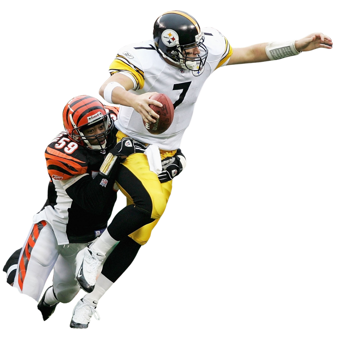 Trainer Landon Johnson sacking the quarterback on the Pittsburgh Steelers while playing for the Bengals