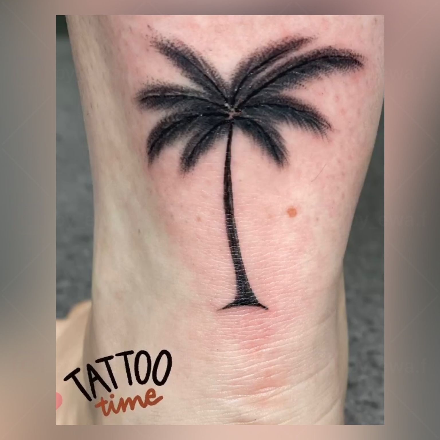 Eine Person hat eine Tätowierung einer Palme auf ihrem Knöchel