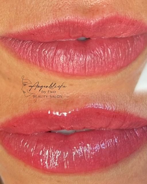 Eine Nahaufnahme der Lippen einer Frau vor und nach einem Lippentattoo.