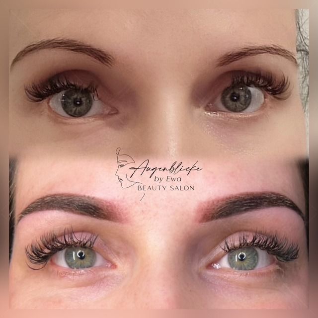 Ein Vorher-Nachher-Foto der Augenbrauen und Wimpern einer Frau.