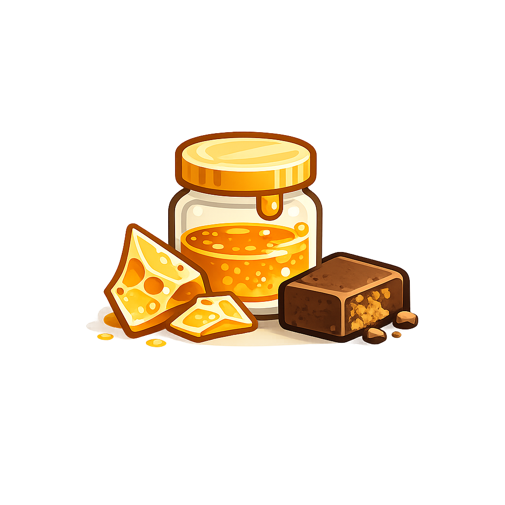 Jar of honey with cheese pieces and a brownie.