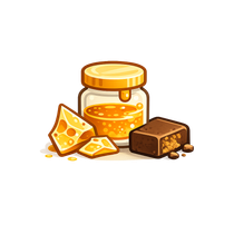 Jar of honey with cheese pieces and a brownie.