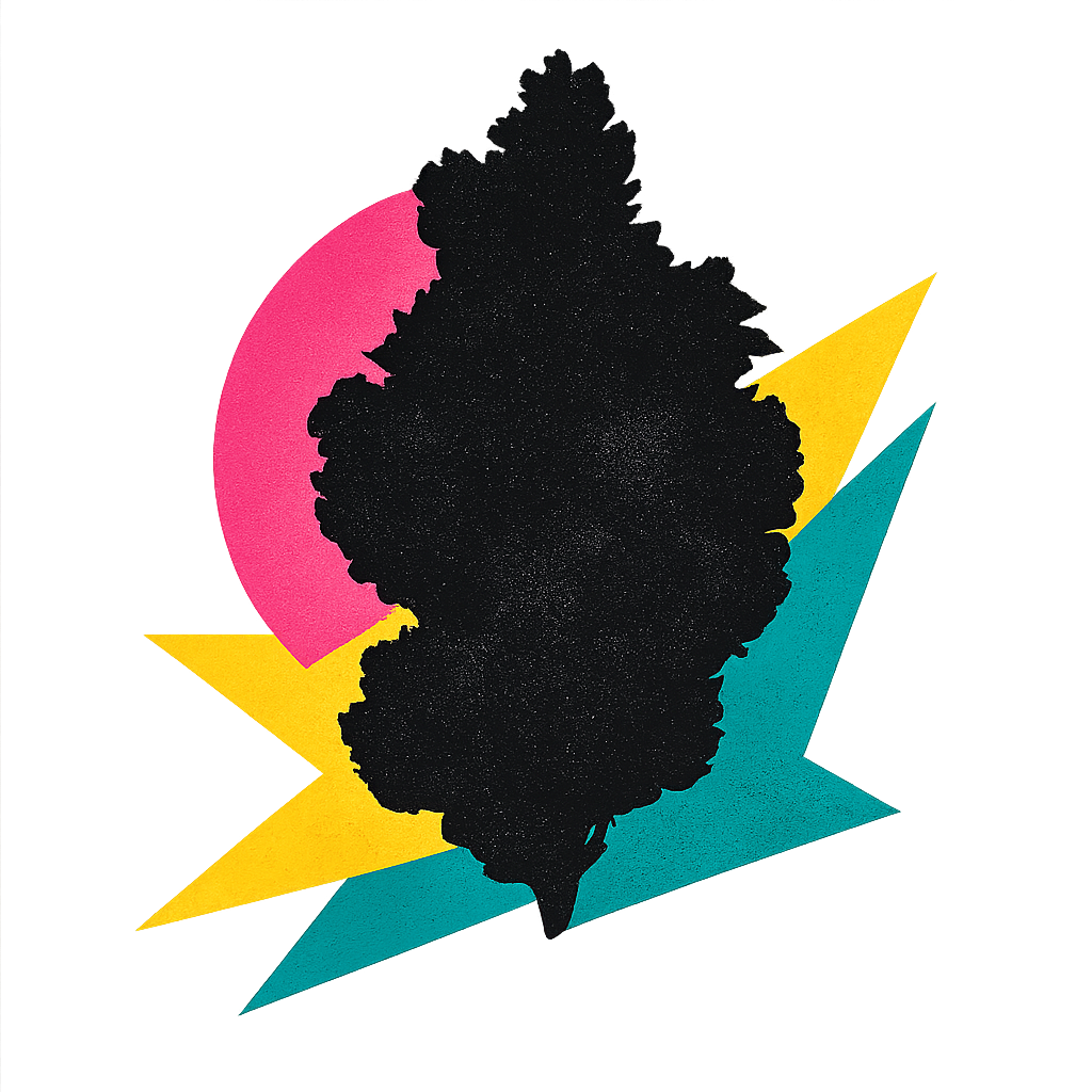 Black tree silhouette with pink circle, yellow and teal starburst on a white background.