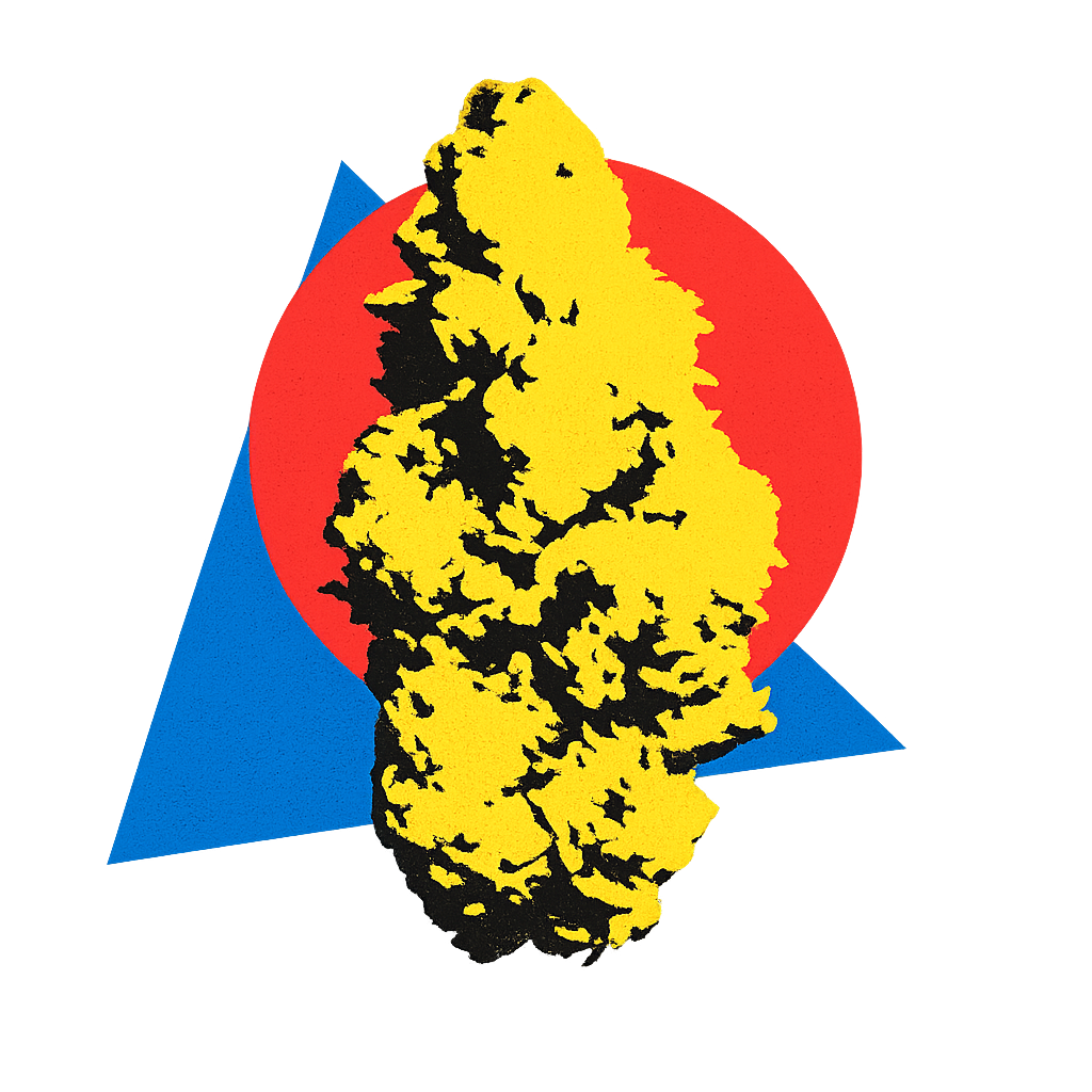 Yellow, textured shape over a red circle, blue triangle on a white background.