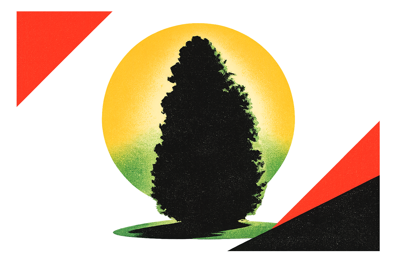 White flag with yellow sun, black tree silhouette, red and black triangles.