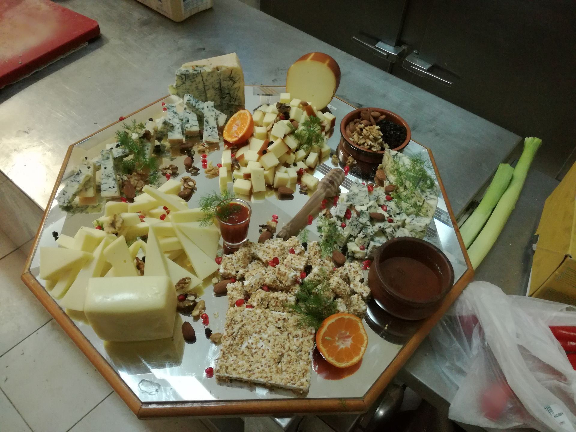 A tray of cheese and crackers on a table
