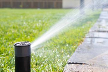 A sprinkler is spraying water on a lush green lawn.