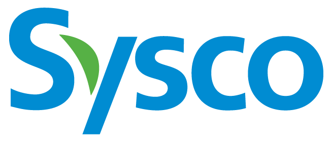 The sysco logo is blue and green with a green leaf in the middle.