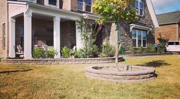House exterior with a tree in a circular planter, lawn, and front porch.