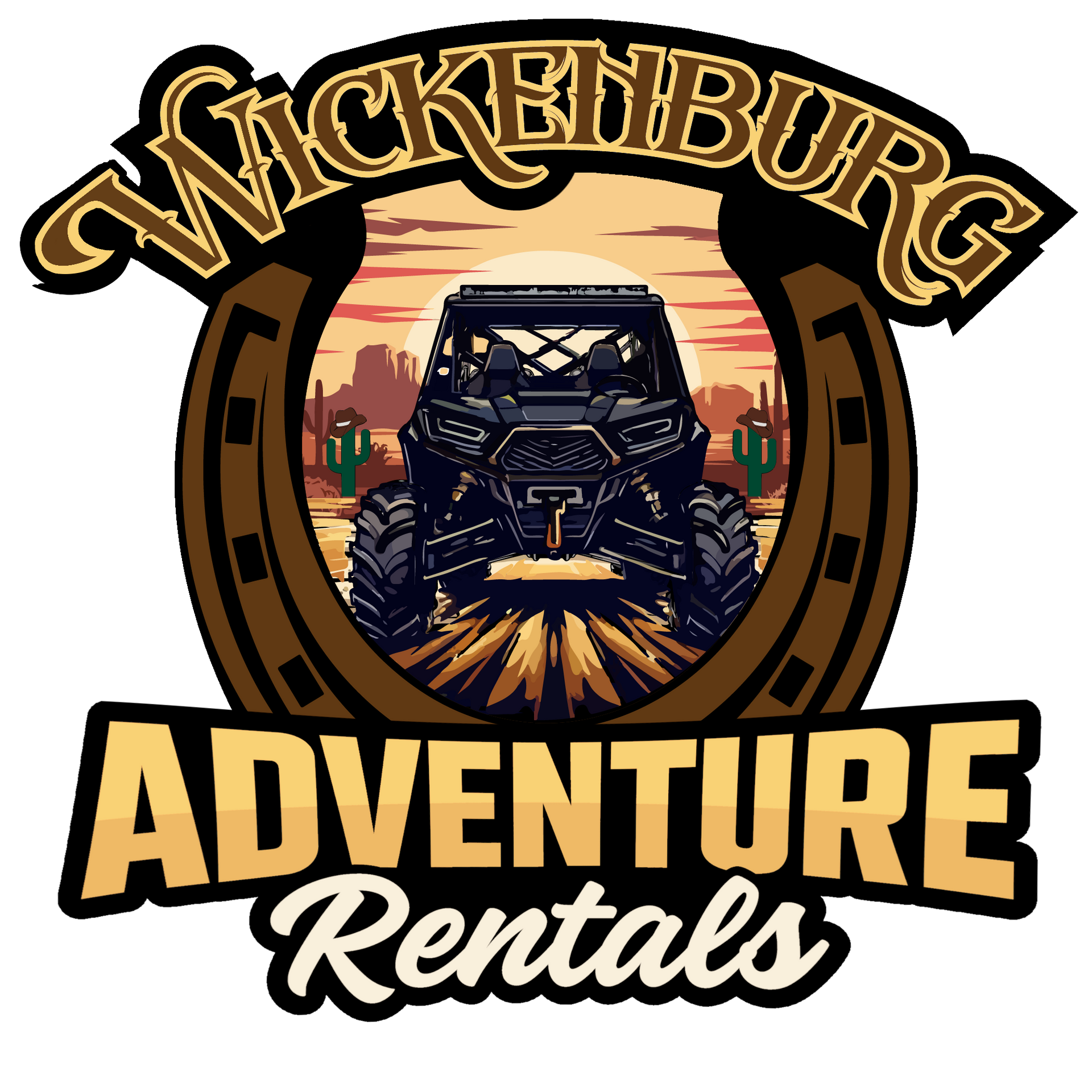 A logo for wickenburg with a horseshoe and a jeep in the middle.