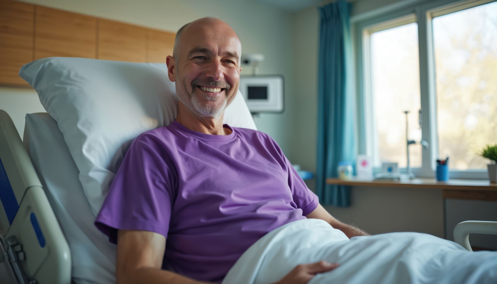 A smiling person in a purple shirt sits upright in a hospital bed in a bright, modern room.